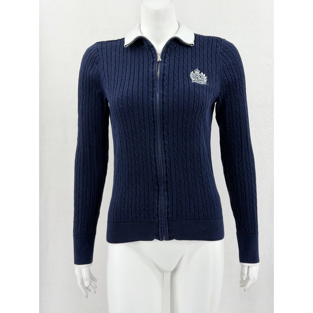 Lauren Ralph Lauren Sweater Womens Medium Navy Cable Knit Full Zip Preppy Crest